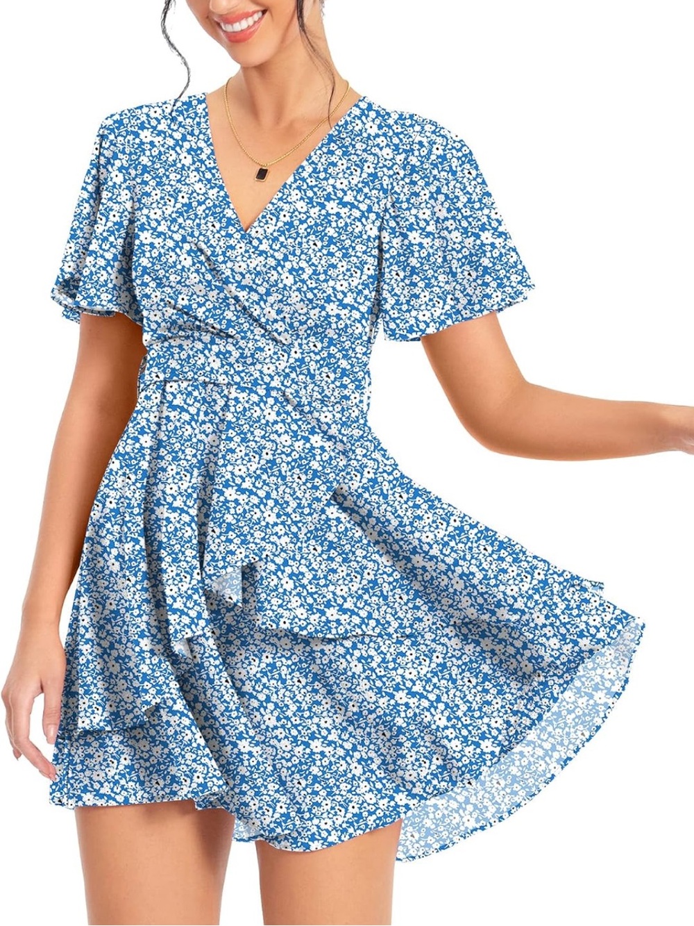 Hao Meili Blue Floral Ruffle Mini Swing Skater Dresses